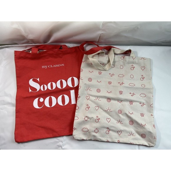 2 of CLARINS Cotton Canvas "Soooo Cool" Reusable Coral & Cream 13"x15" Tote Bag - Picture 1 of 5